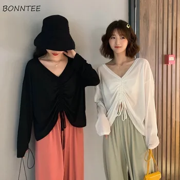 

Sets Women 2 Pieces V-neck Drawstring Summer Korean Style Popular Sweet Girls Loose Leisure Beam Feet Trousers Hot Sale Chic Ins