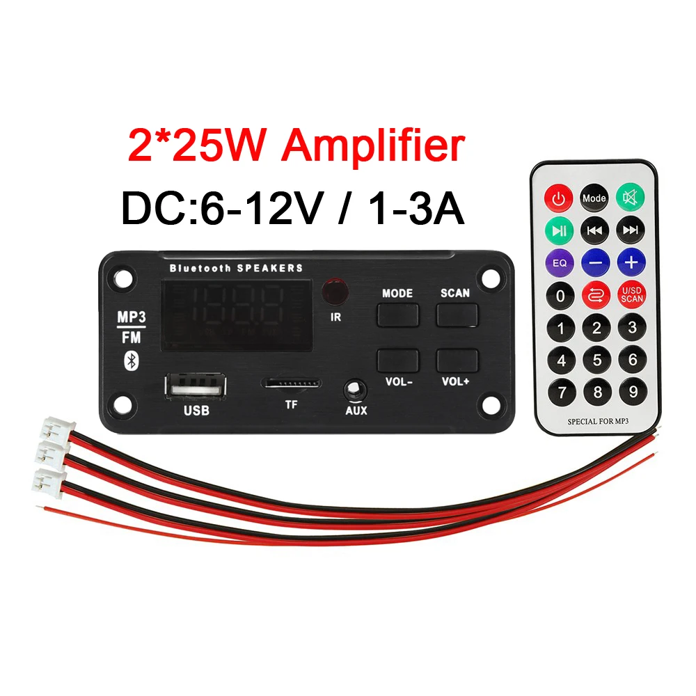 Placa decodificadora de reproductor MP3 de 12v y 50W, amplificador de Bluetooth 5,0 con pantalla a Color, módulo de grabación USB de Radio TF para Audio de coche, altavoz DIY