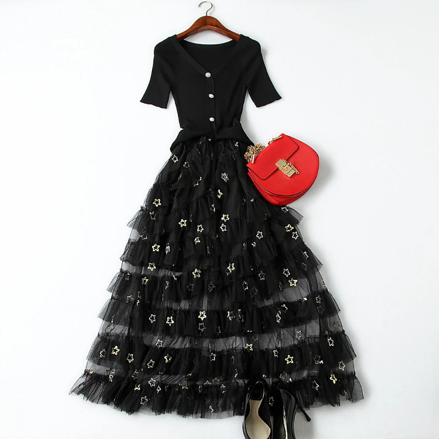

2019 Summer Two-Piece Set Women Black Elegant Slim Black Sweater Stars Pattern Embroidery Mesh Cake Skirt Casual Sequined Dress