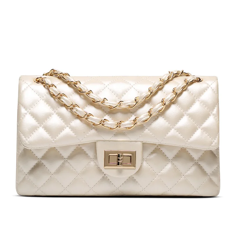 Новая сумка на плечо из натуральной овчины, модная роскошная сумка через плечо, дизайнерские цепочки с ромбовидной решеткой, Брендовая женская сумка большой емкости - Цвет: Белый