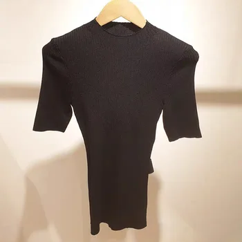 

Women T-shirt 2020 Spring and Summer New Women's Half-high Collar Slim Slim Sexy Open Waist Sweater Shirt T-shirt Women