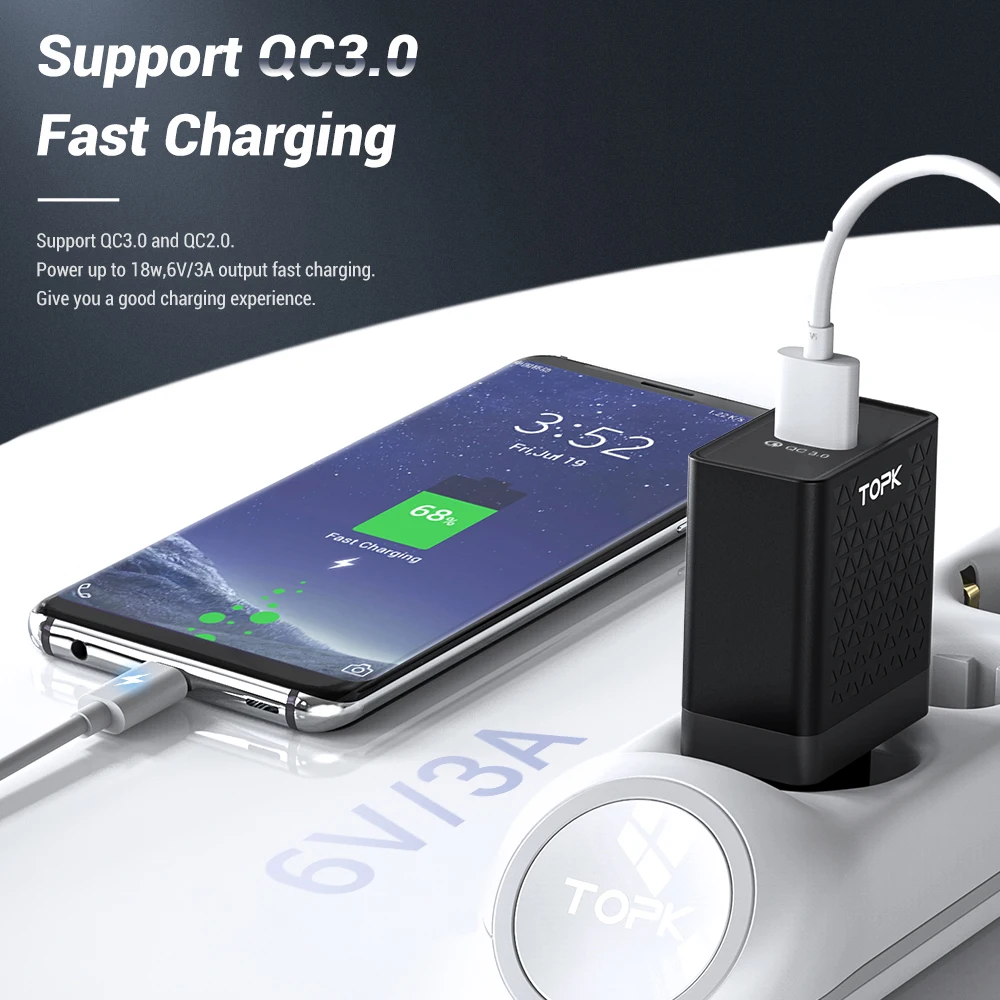 TOPK Quick Charge 3,0, зарядное устройство для мобильного телефона, 18 Вт, быстрое USB зарядное устройство, штепсельная вилка европейского стандарта, настенное USB зарядное устройство, адаптер для iPhone, samsung, Xiaomi, LG