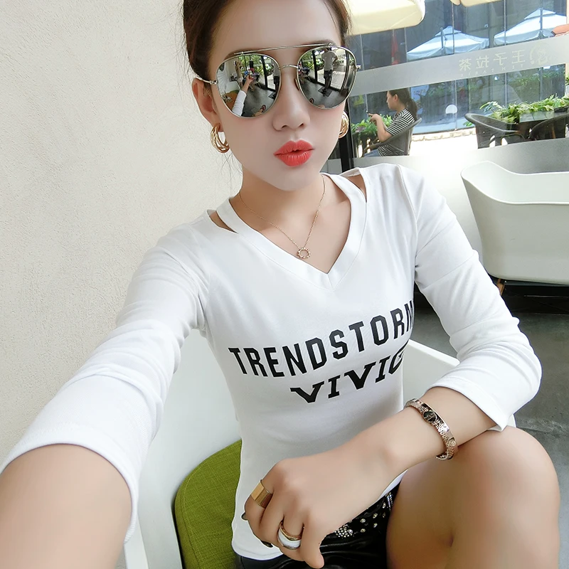 White tshirt Европейская Сексуальная Открытая футболка с буквенным принтом, Женские Новые осенне-зимние топы с принтом на спине, женская рубашка, Винтажная Футболка T9N717 - Цвет: White tshirt