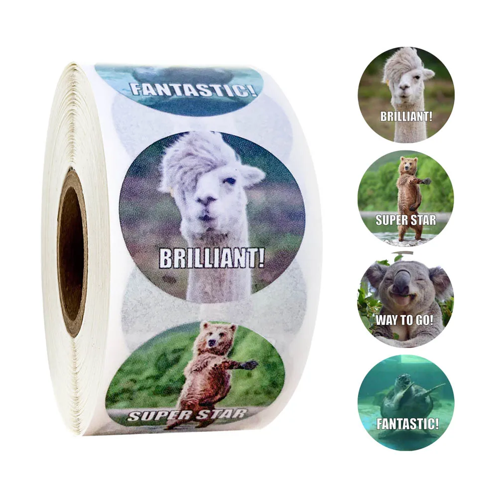 

Animals Reward Sticker 500pcs/roll English Encourage Words Labels Sticker for Praise Kids Gift 1 inch Motivational Stickers