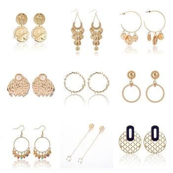 

docona 8 Style Vintage Coins Wafer Drop Dangle Earring for Women Metal Circle Leaf Tassel Pendant Earrings Party Jewelry Gift