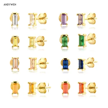 ANDYWEN 925 Sterling Silver Colorful Rainbow Square Stud Earring White Purple Gemstone Piercing Ohrringe Pendiente Fine Jewelry