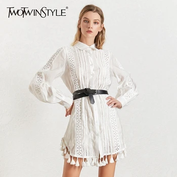 

TWOTWINSTYLE Tassel Patchwork Shirt For Women Lapel Collar Lantern Sleeve Hollow Out With Sashes Blouse Female 2020 Summer New
