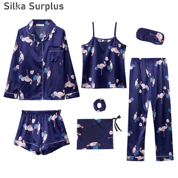 

Silka Surplus 2020 New Pajamas Women's 7piece Set Silk Prints Long Sleeve Sleepwear Set Home Suits Pijama Pyjams Pj Nightwear