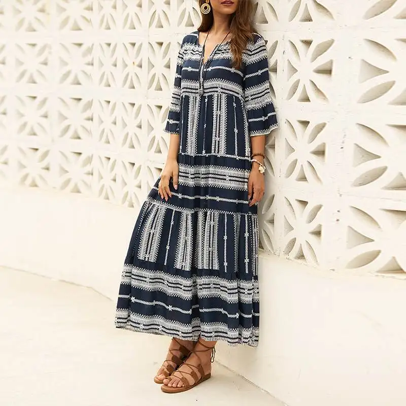 2019 летний сарафан женское богемное платье с винтажным принтом длинное макси Vestidos повседневное Свободное платье с v-образным вырезом