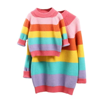 

New Family Matching Sweatshirt Spring Mother Daughter Clothes Outfits Mommy And Me Rainbow Stripes Fashion Long Sleeve Pullover