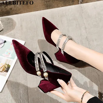 

ALLBITEFO fashion retro flock thick heels party women shoes Rhinestone high heels office ladies shoes women high heel shoes