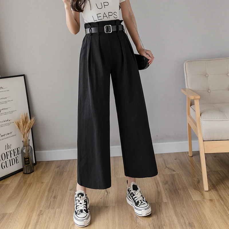 2020 Spring Summer High Waist Pants Women Casual Loose Wide Leg Pant Black White Korean Style Ladies Straight Trousers with Belt 2020 Spring Summer High Waist Pants Women Casual Loose Wide Leg Pant Black White Korean Style Ladies Straight Trousers with Belt