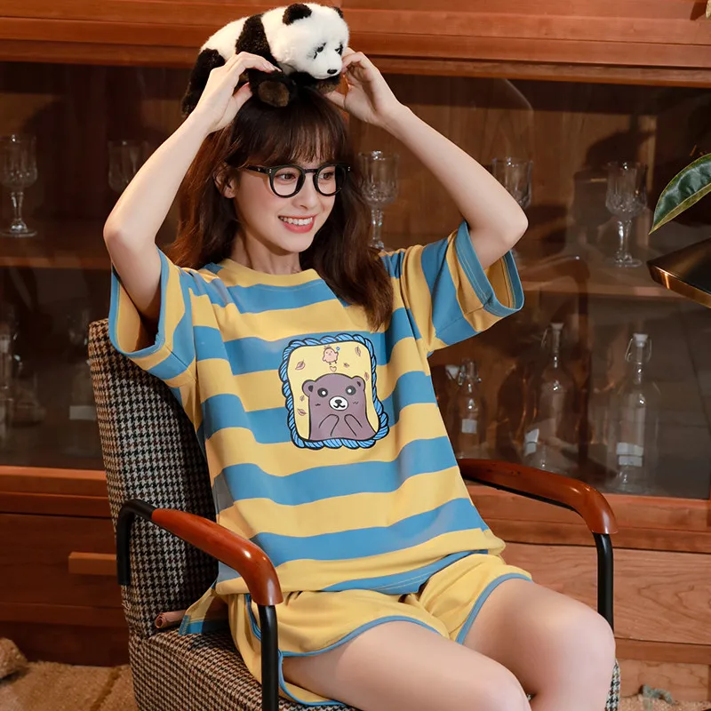 

Big size M-2XL Women Pajamas Set 2020 Summer Short Sleeve Sleepwear Female 100% Cotton Pyjamas Home Clothing