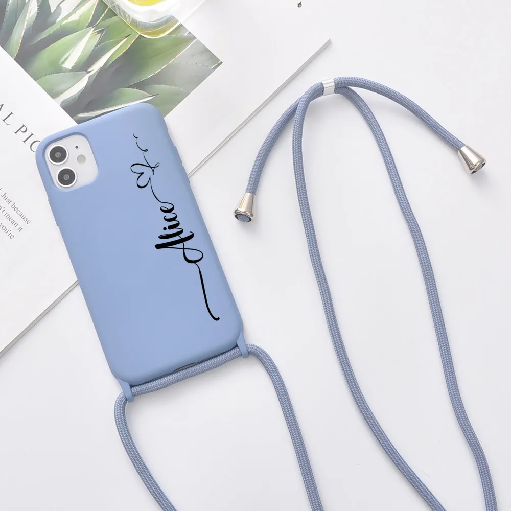 Custom Name for iPhone 12 Pro Max 7 8 Plus X XR XS 11 Phone Case With Strap SE 2020 Coque Girls Gift Soft Silicone Funda DIY mobile pouch Cases & Covers