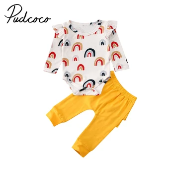 

Newborn Baby Girls Clothes Rainbow Printed Ruffles Long Sleeve Romper Pantspcs Causal Outfit Set Spring Autumn Clothes