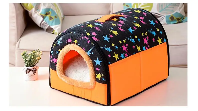 Большая кровать для питомца, собаки, кошки, дом, пещера, удобный принт со звездами, питомник, коврик для питомца, щенок, Зима, Лето, складная кровать для кошек, товары для питомцев - Цвет: black-orange