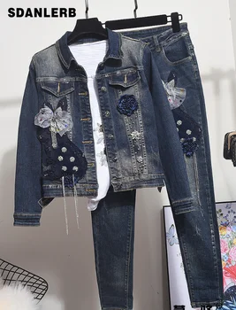 

Denim Set Womens Two Piece Sets Women's Sets Dark Stretch Denim Jacket + Jeans Girls Ladies Flower Beaded Denim Jacket Jeans