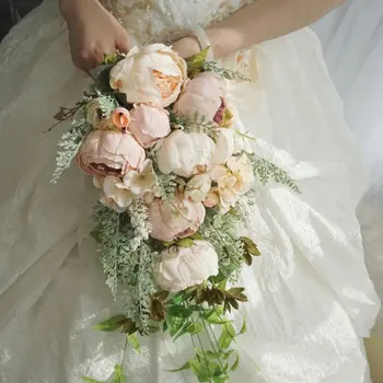 

Waterfall Style Rustic Artificial Peony Bridal Bouquet Fake Plants Cascading Holding Flower With Faux Pearls Wedding Party Props