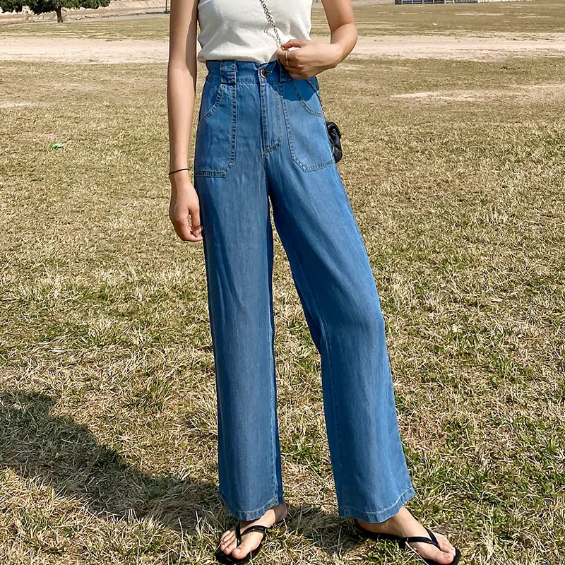 

S 4XL 5XL Plus Size Straight Pants Women Summer High Waist Blue Thin Trousers Girl Clothing Big Size Long Pants Female Fashion