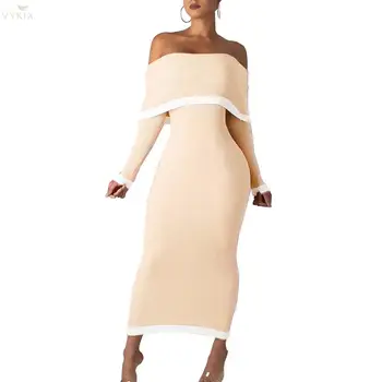 

Long Dress Long Sleeve Slash Neck Slim Knitted Dress Elegant Women Robe Vintage Party Ladies Dresses Bodycon Bag Hip Sexy Dress