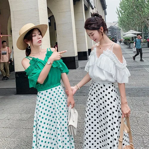 

Polka Dot Skirt WOMEN'S Suit Summer 2019 Fashion Camisole off-Shoulder Sweater High-waisted Holiday Online Celebrity Long Skirts