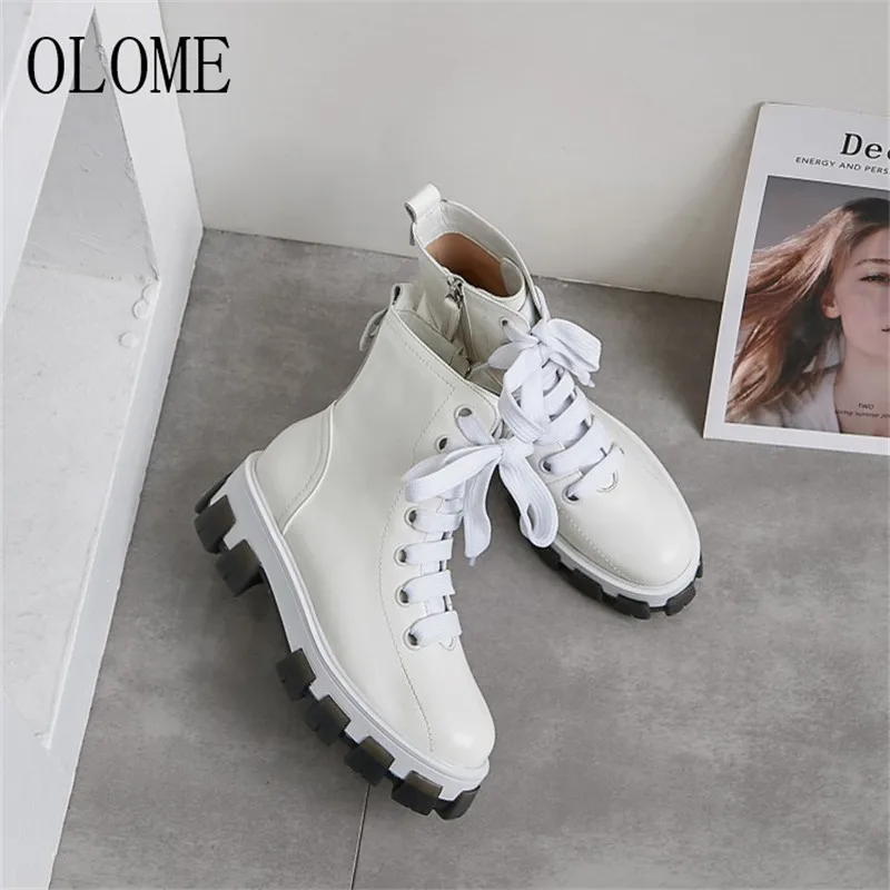 

OLOME New Fashion Black White Women Ankle Boots Round Toe Side Zip Thick Mid Heel Women Autumn Winter Boots Shoes Woman