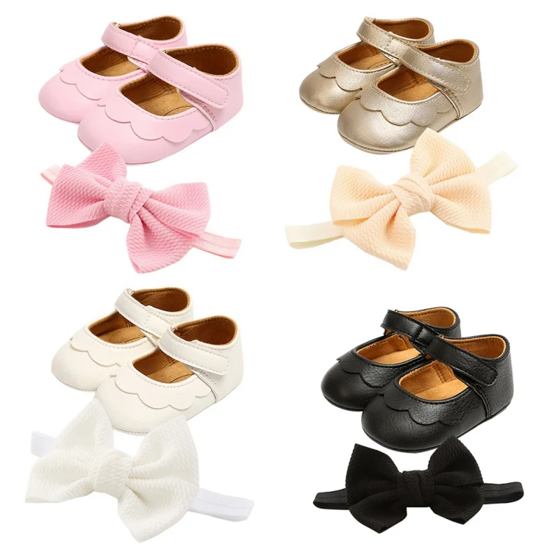 

Baby Girl Shoes First Walkers Lovely Moccasins Infant Girls PU Leather Anti-slip Princess Shoes Headband Two-piece Set 0-18M