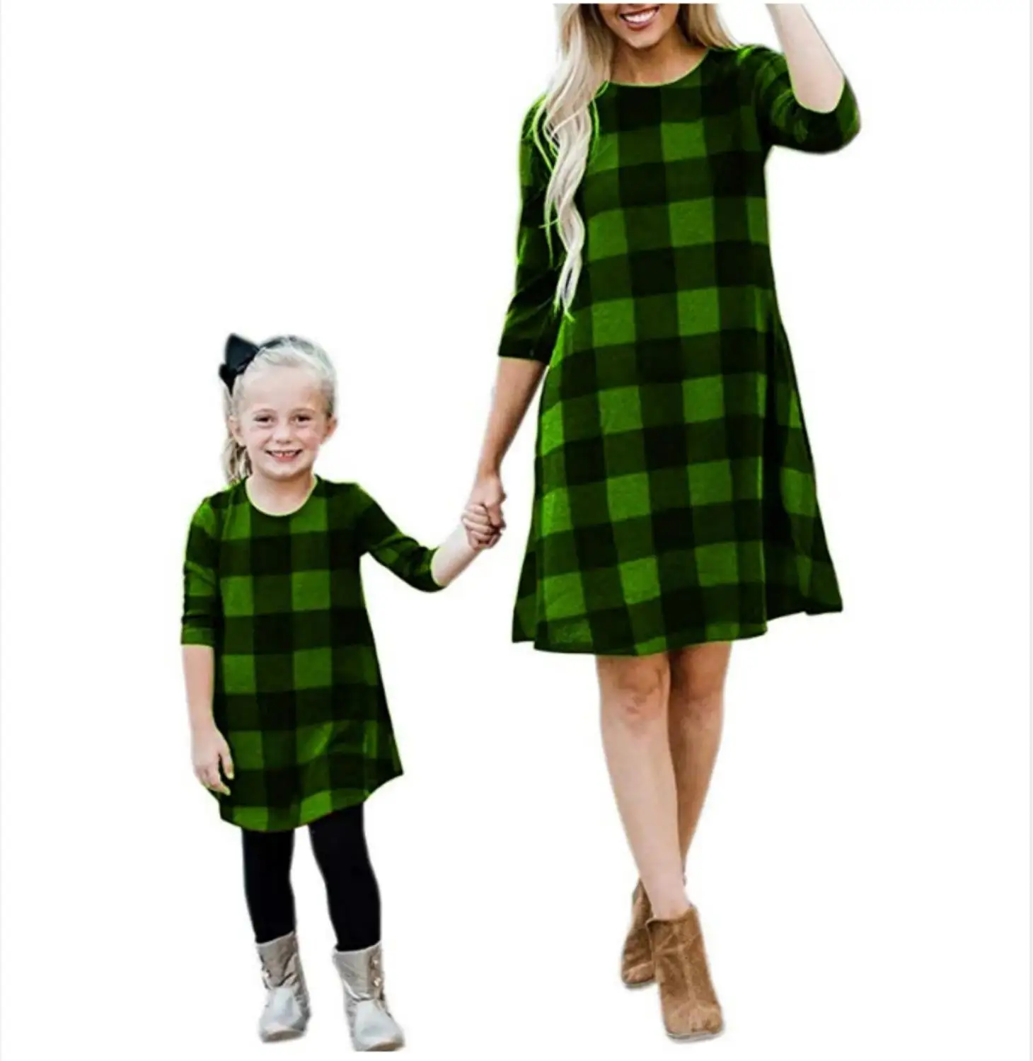 Новые платья с рукавами «Семь» для мамы и дочки, одежда в клетку, одинаковые комплекты для семьи, платье, платья для мамы, женская одежда для детей - Цвет: Зеленый