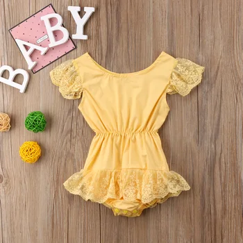 

Lovely 0-6 Years Baby Girls Jumpsuits Yellow Fashion Lace Short Sleeve Ruffles Newborn Infant Kids Rompers Outfits Clothes
