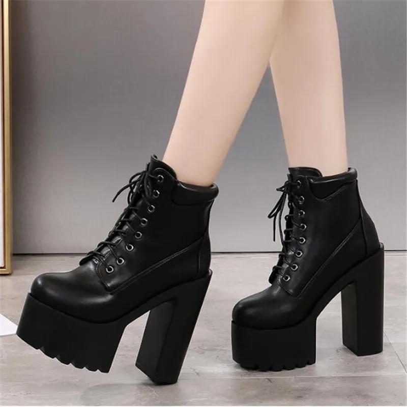 Otoño Invierno moda mujer tobillo botas tacones altos plataforma de encaje  de cuero corto botines Sexy negro blanco señoras zapatos de fiesta|Botas  hasta el tobillo| - AliExpress