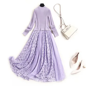 

High Fashion Autumn Winter Long Sleeve Sequined Lace Patchwork Midi Knitted Sweater Dress Womens Clothes 2020 Female Vestidos