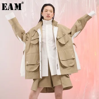 

[EAM] 2020 New Spring Lapel Long Sleeve Side White Split Joint Big Pocket Loose Big Size Jacket Women Coat Fashion Tide JG801