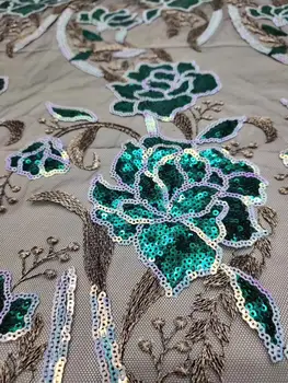 

Nigerian sequins velvet fabric 5 yards two-color sequence velvet fabric fashion soft fabric for green gold line party dress
