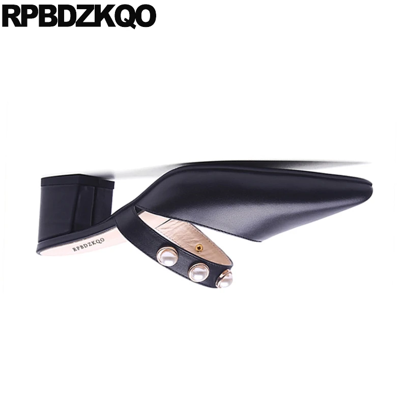 pointed toe medium heels women modern japanese block pumps genuine leather size 4 34 patent shoes black pearl strap mary jane