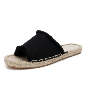 

Women's large size slippers 2019 summer new flat bottom linen half slippers one pedal lazy straw wear thick bottom slippers