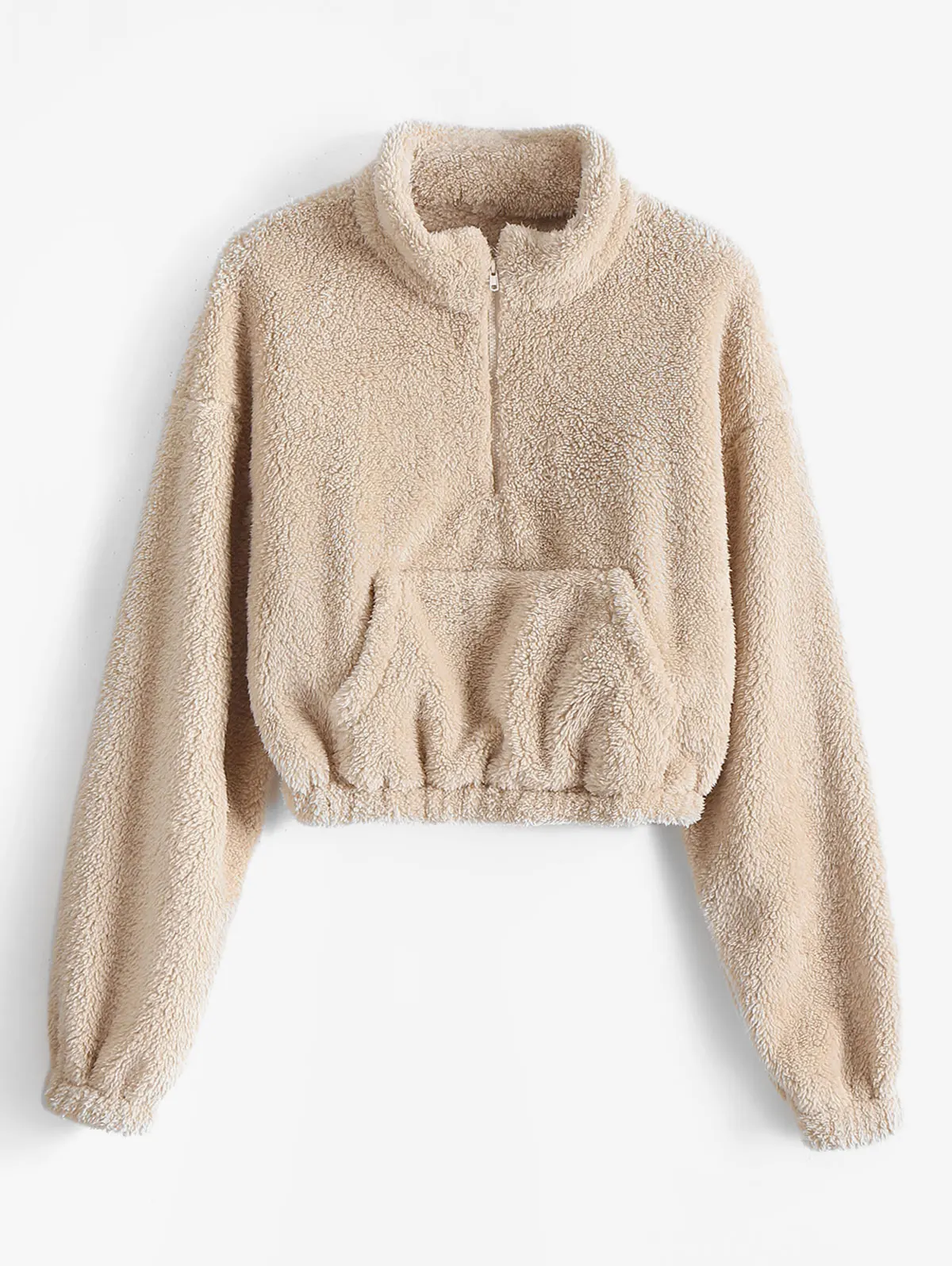 Light Khaki ZAFUL, женский укороченный свитер с мехом и передним карманом на молнии, одноцветные топы, осенние пуловеры, новинка - Цвет: Light Khaki