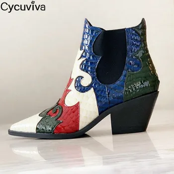 

Desginer Patchwork Chelsea Ankle Boots Women Real Leather Chunky Heels Women's Short Boots Woman Sexy Point Toe Motorcycle Boots