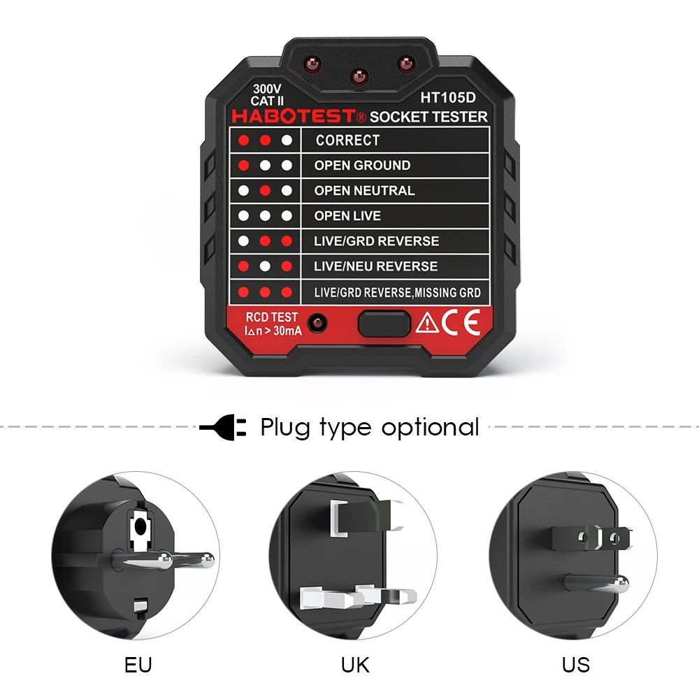

HABOTEST HT105B Advanced RCD Electric Socket Tester Circuit Line detector & Wall Plug Breaker Finder Electric Leakage Test