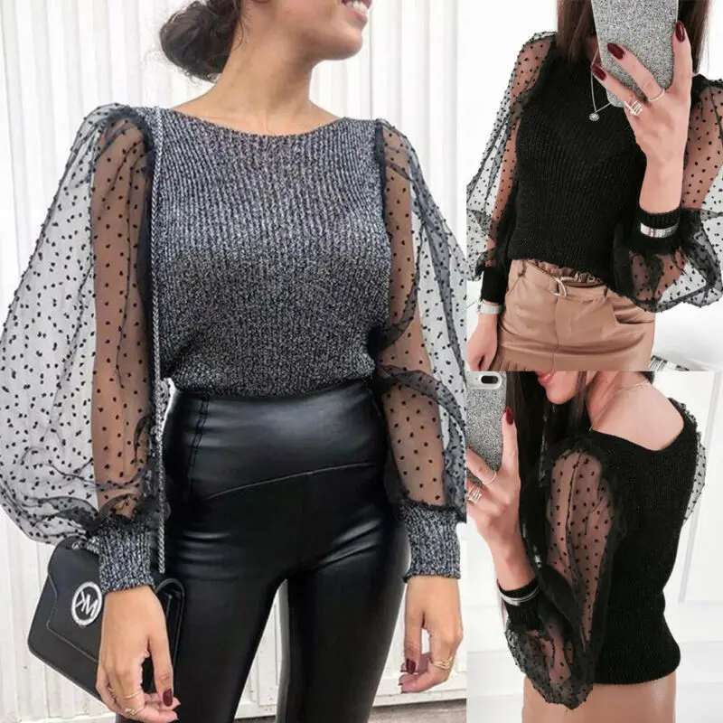 

hirigin Fashion Women Sheer Mesh Patchwork Dot See-through Long Sleeve Top T Shirt Fashion Sexy Slim Shirts