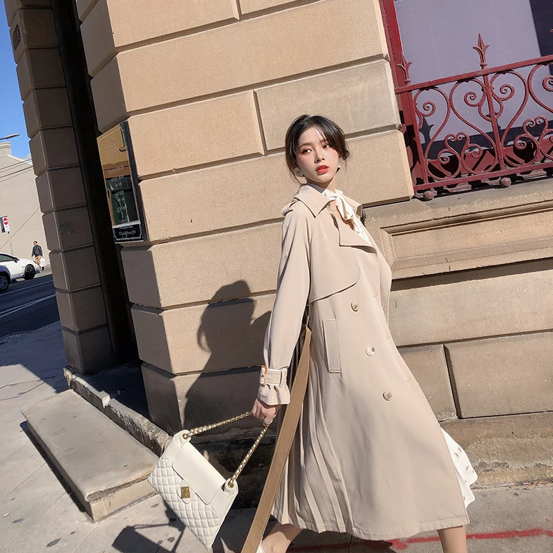 Goedkoop Mishow Vrouwen 2019 Herfst Licht Kaki Jas Pak Kraag Double Breasted Mid Lange Bovenkleding Vrouwelijke Herfst Trenchcoat MX19C7339