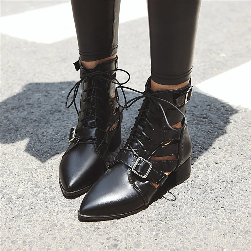 

Autumn 2019 Woman Shoes Black Brown Buckle Cross Tied Ankle Ridin Boots Pointed Toe Hollow Gladiator Sandal Boots Women