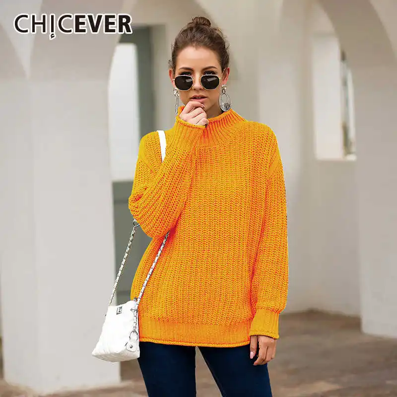 CHICEVER Elegant Knitting Sweaters For Women Turtleneck Lantern Sleeves Oversize Pullover Casual Sweater Female 2020 Autumn New | Женская