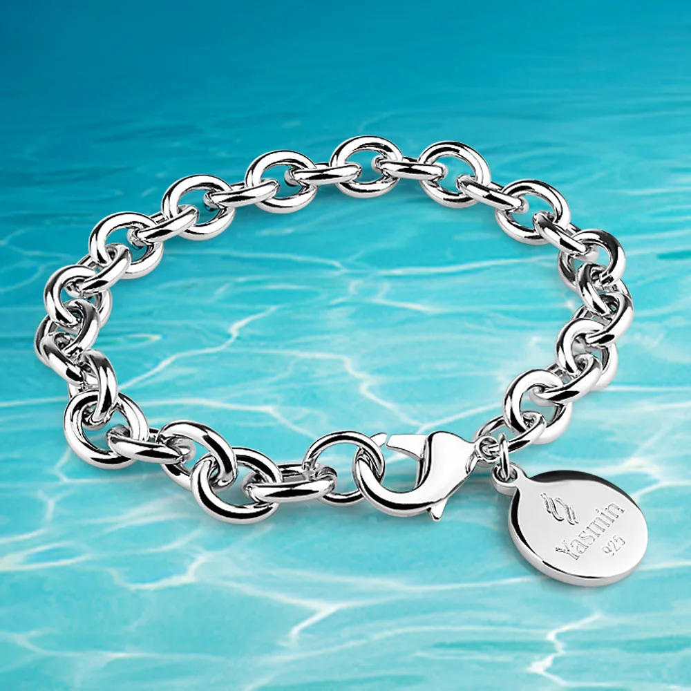 

Hot Sale 925 Sterling Silver Simple Lobster Clasp Round Card Bangle Charm Bracelet Fashion Men's Women's Jewelry