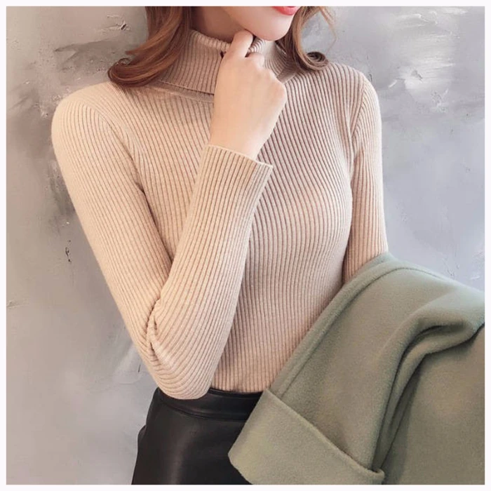 Женский трикотажный свитер-водолазка эластичный облегающий пуловер простые