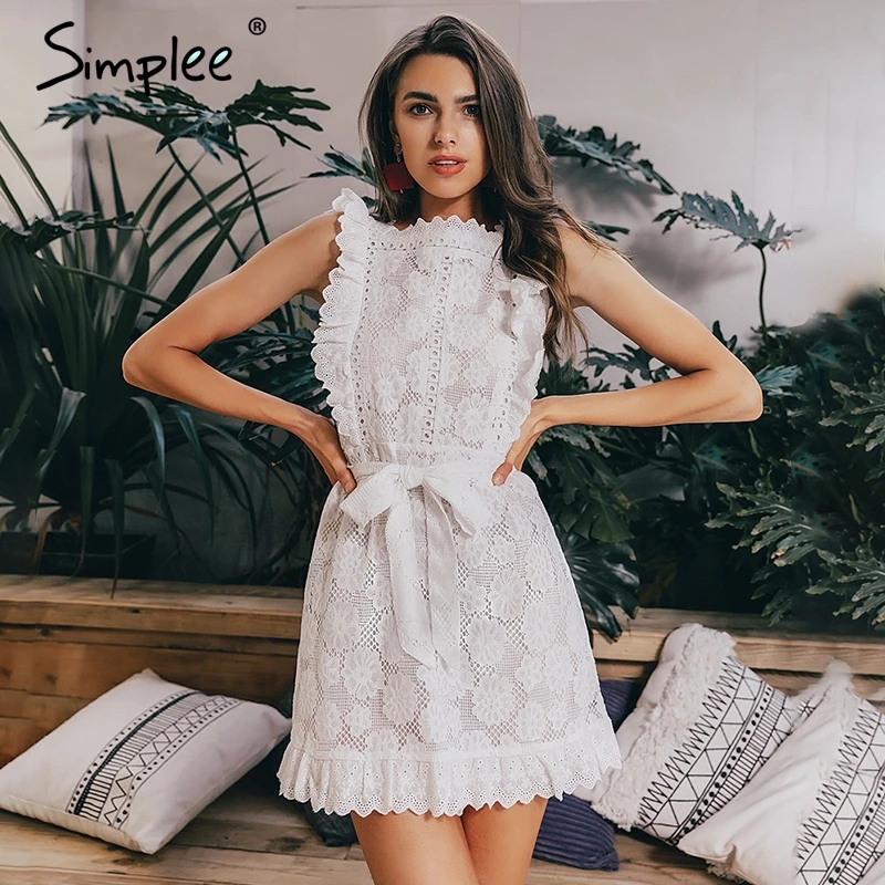 Женское вышитое кружевное платье Simplee, с оборками 2019, женское ажурное белое летнее узкое платье с поясом для вечеринки Женское вышитое кружевное платье Simplee, с оборками 2019, женское ажурное белое летнее узкое платье с поясом для вечеринки
