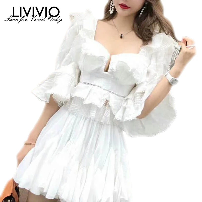  [LIVIVIO] Ruffle Lace Blouse Women White Shirt 2019 Autumn Sexy Ladies Square Neck Tops Puff Sleeve