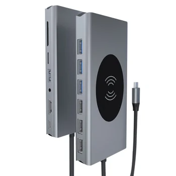 

15 in 1 USB C Hub Adapter with Wireless Charging 4K HDMI 1080P VGA PD Port RJ45 USB 3.0 2.0 for Laptop H-best