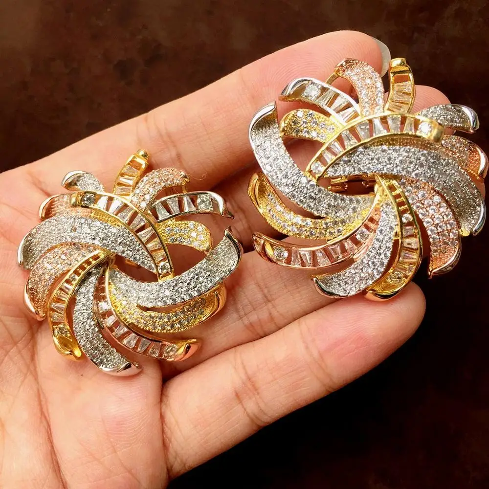 

ModemAngel Luxury Special Full Cubic Zircons 3 Tones Copper Big Earrings Women Party Engagement Width Jewelry