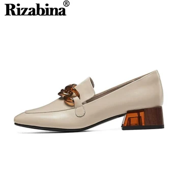 

RIZABINA Women Pumps Shoes Fashion Metal Chain Shoes Women Square Toe Thick High Heels Real Leather Footwear Size 34-39