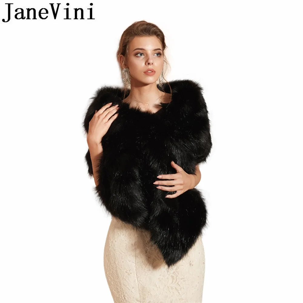 JaneVini, Элегантная черная меховая накидка для женщин, для вечеринки, меховая шаль, зимнее свадебное платье, свадебная накидка из искусственного меха, болеро de novia